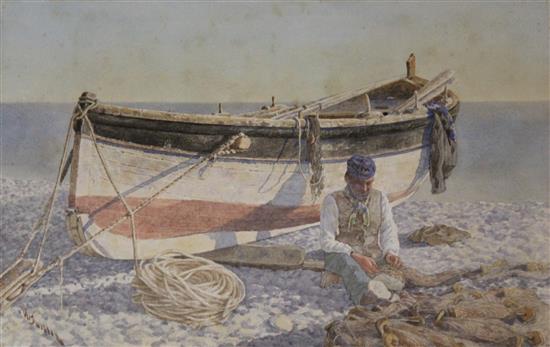 Watercolour of a fisherman mending his nets